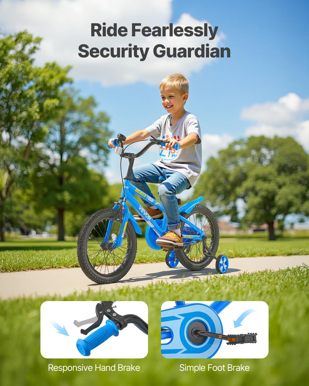 VEVOR Kids Bike, 40.64 cm BMX Style Children Bicycle, Rider Height 100 cm - 130 cm, Training Wheels Included, Sturdy and Easy to Assemble, Toddler Bike for Boys & Girls Learning to Ride, Blue