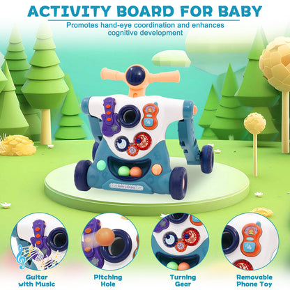 Forroby 3-in-1 baby walker in blue with music, activity panel, and adjustable speed for toddlers learning to walk.