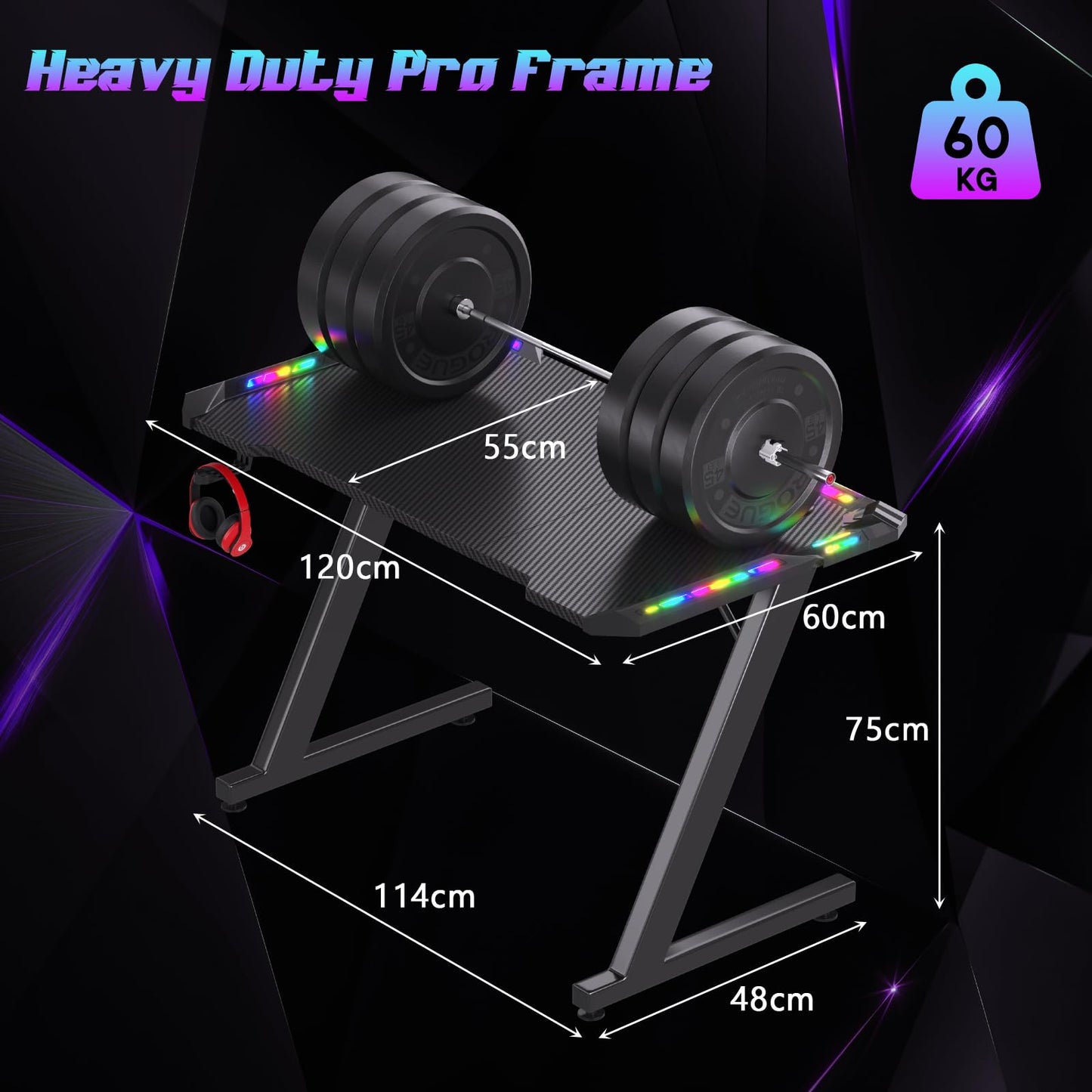 Homall Gaming Desk with LED Lights, 120 x 60cm RGB Gaming Table Z Shape, Large Computer Desk with Headphone Hook, Gamer Table for Home Office, Carbon Fibre Black