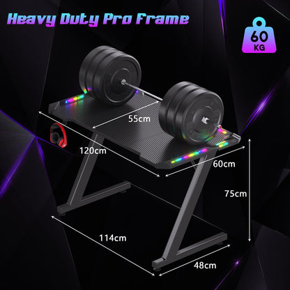 Homall Gaming Desk with LED Lights, 120 x 60cm RGB Gaming Table Z Shape, Large Computer Desk with Headphone Hook, Gamer Table for Home Office, Carbon Fibre Black