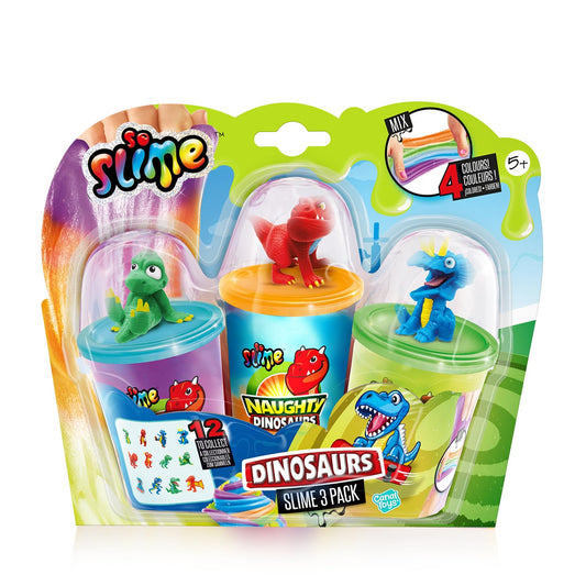 So Slime collectible slime set with three pots of dino-themed slime and dinosaur figurines, ideal for sensory play for children aged 5+