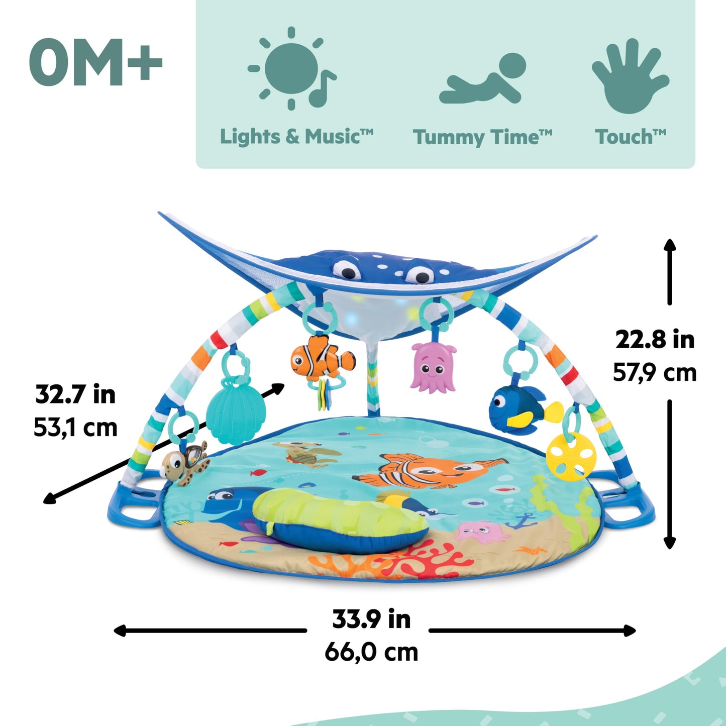 Bright Starts, Disney Baby, Finding Nemo Ocean Lights Baby Activity Gym and Play Mat with Detachable Toys, Sound and Music, Ages Newborn +