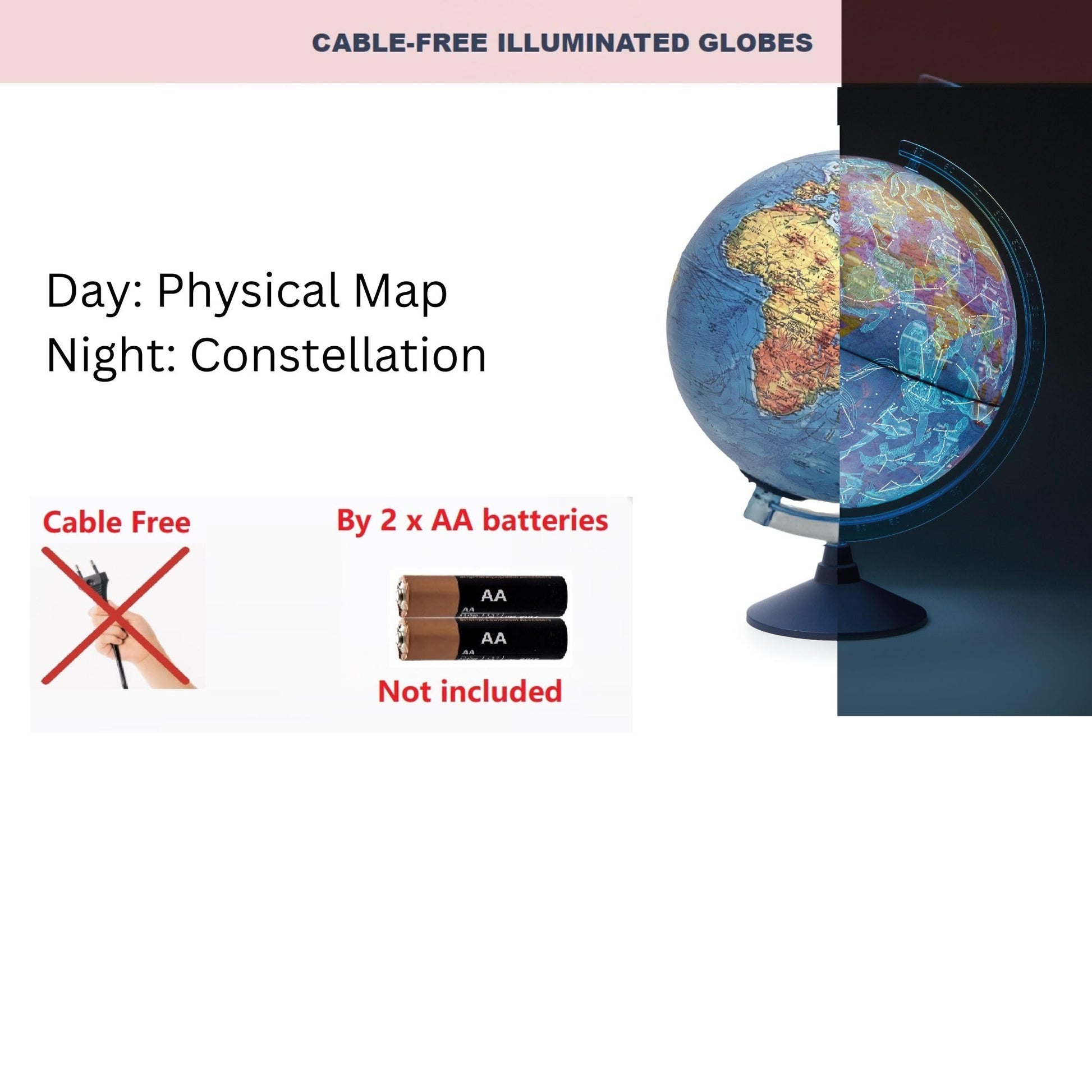 Exerz 21cm illuminated globe showing physical map, daytime colors, constellation stars, and a swivel rotating stand.