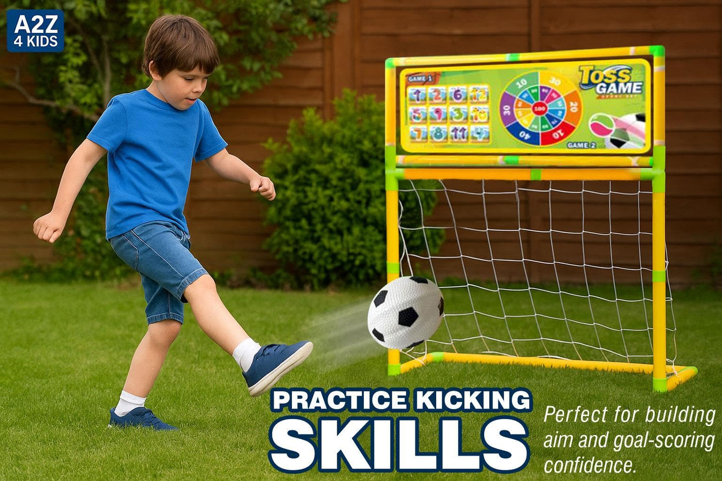 A2Z 4 Kids 3-in-1 indoor outdoor game set with basketball hoop, football goal, target board, balls, and pump for active play.