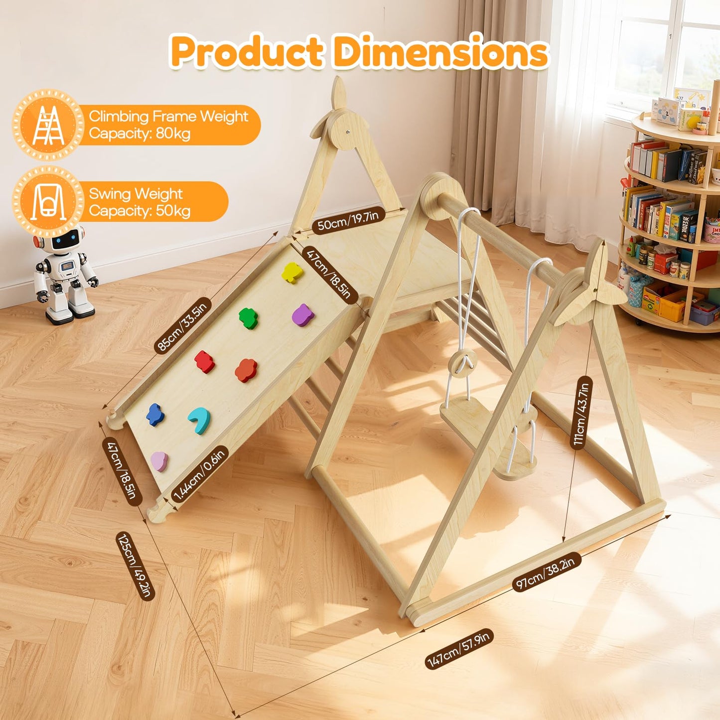 5 in 1 Indoor Jungle Gym,Foldable Wooden Climbing Set with Swing, Slide, Ladder and Climbing Wall,Montessori Philosophy Climber Playset for Kids