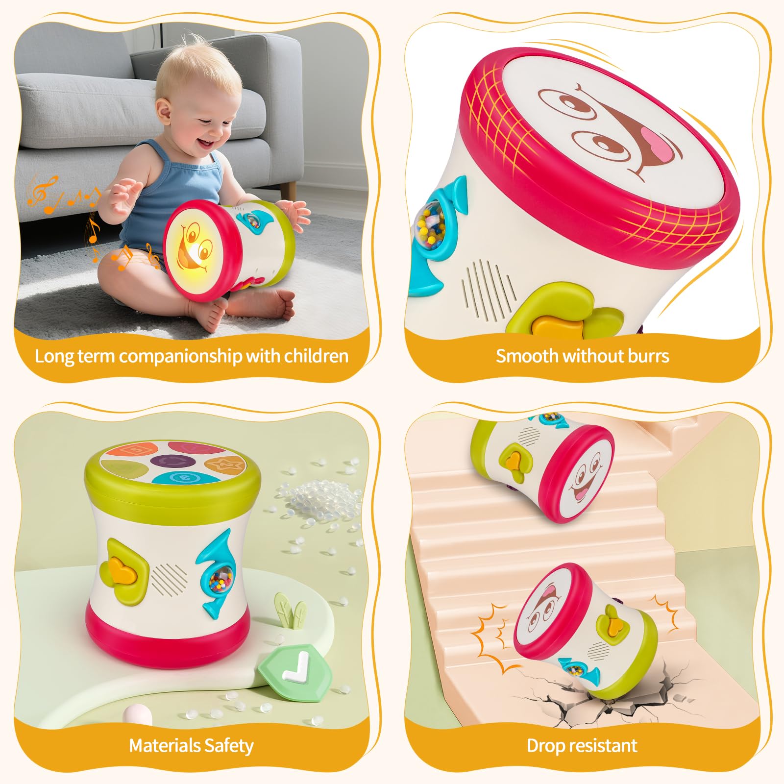 Light-up nicknack baby drum kit for 1-year-olds, designed for sensory play and crawling, suitable for toddlers 12-18 months.