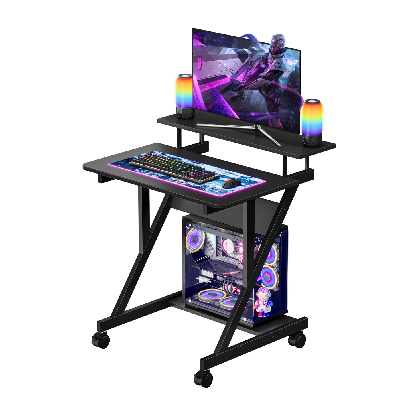Dripex black Z-shaped computer desk with monitor shelf, storage shelves, and movable wheels for compact home office or small space use.