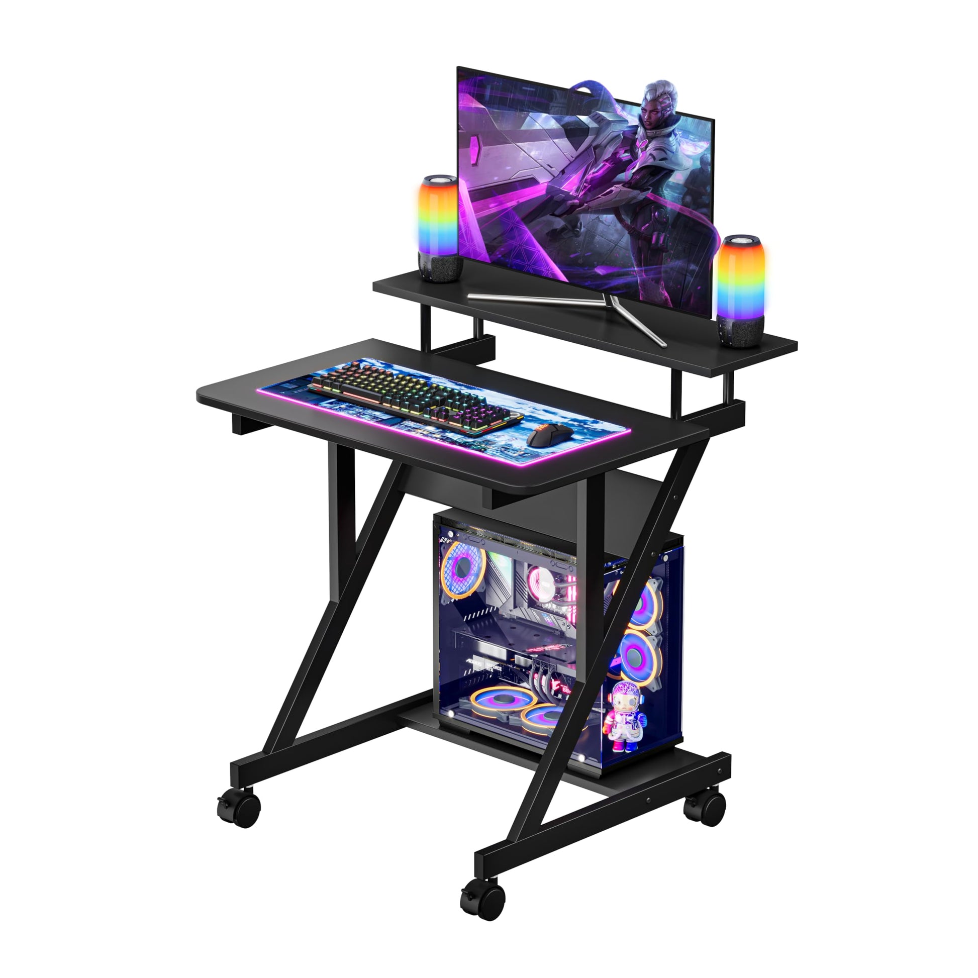 Dripex black Z-shaped computer desk with monitor shelf, storage shelves, and movable wheels for compact home office or small space use.