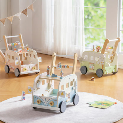 ROBUD Wooden baby walker with tropical beach bus design, adjustable height and speed, for toddlers learning motor skills.