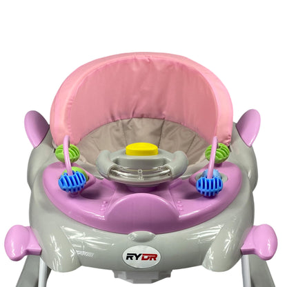 RYDR 101 baby walker with wheels, foldable design, adjustable height, pink toddler play center with lights and sounds for 6-12 months