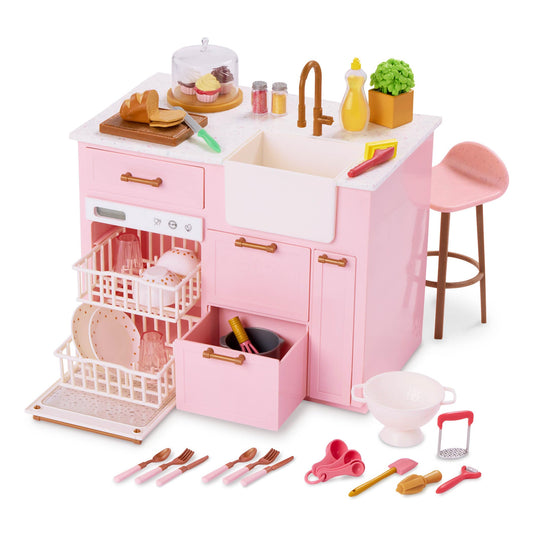 Our Generation cooking island playset with realistic features and accessories for 18-inch dolls in a colorful kitchen setting.
