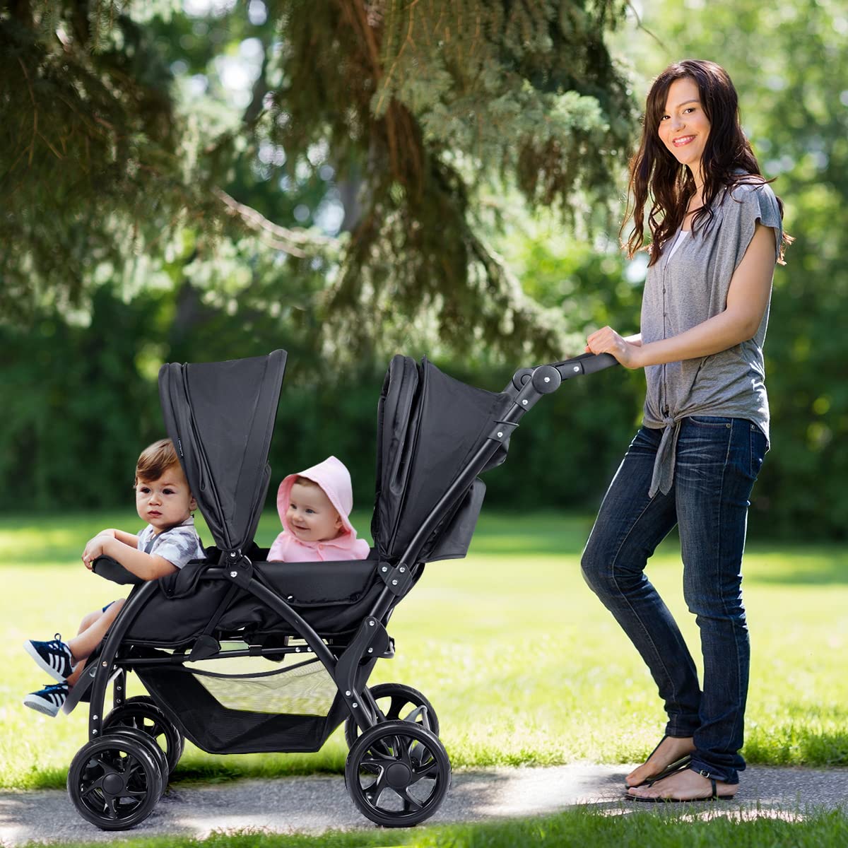 COSTWAY double seat pushchair with foldable design, adjustable backrests, sunshade, safety belts, and storage basket in black