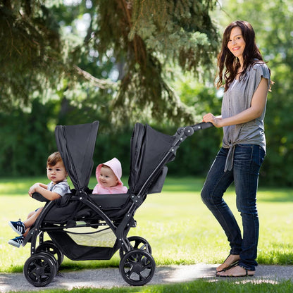 COSTWAY double seat pushchair with foldable design, adjustable backrests, sunshade, safety belts, and storage basket in black