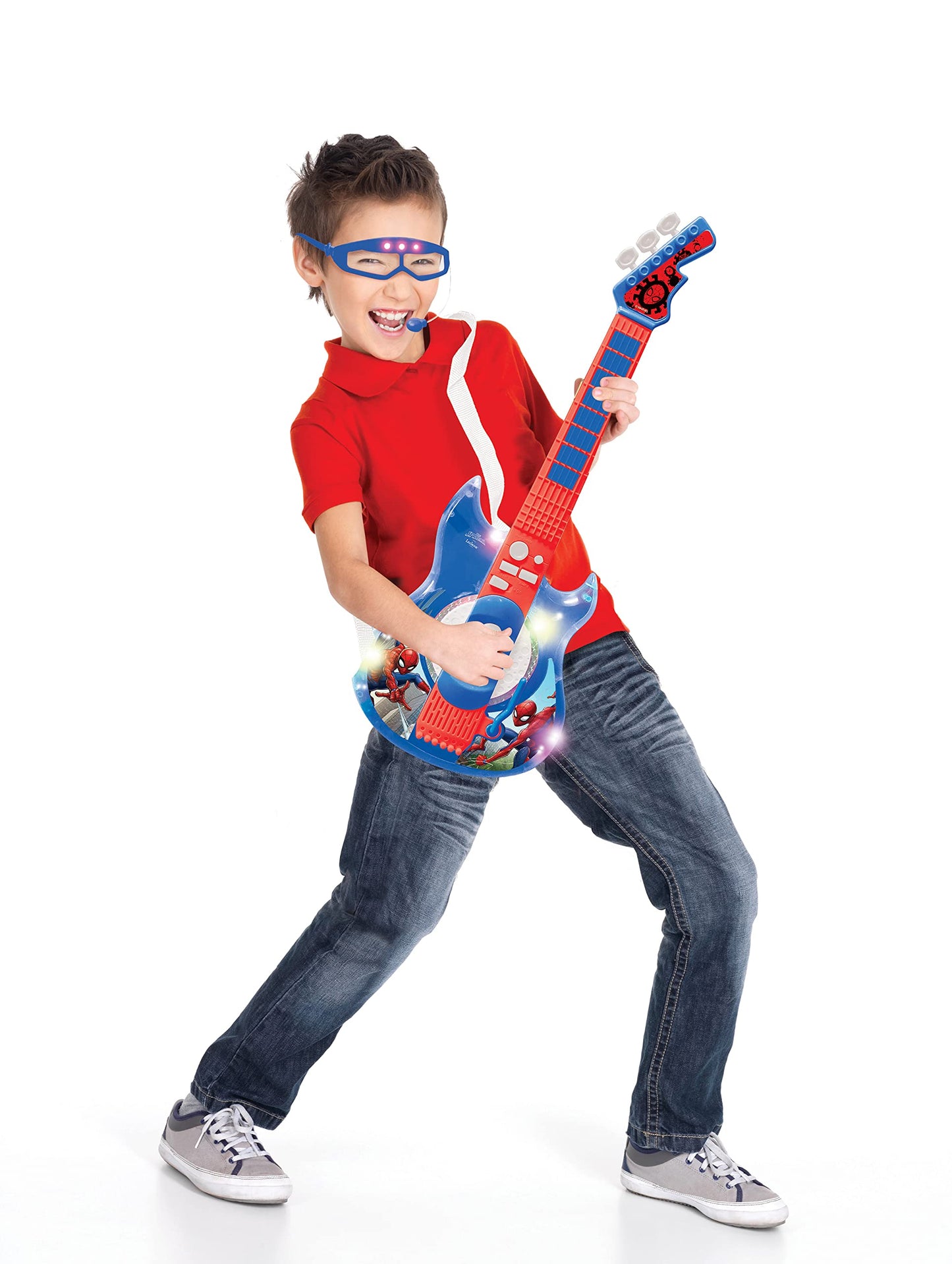 Lexibook Spider-Man light-up electronic guitar with microphone, glasses, melodies, game modes, and MP3 input in blue and red colors.