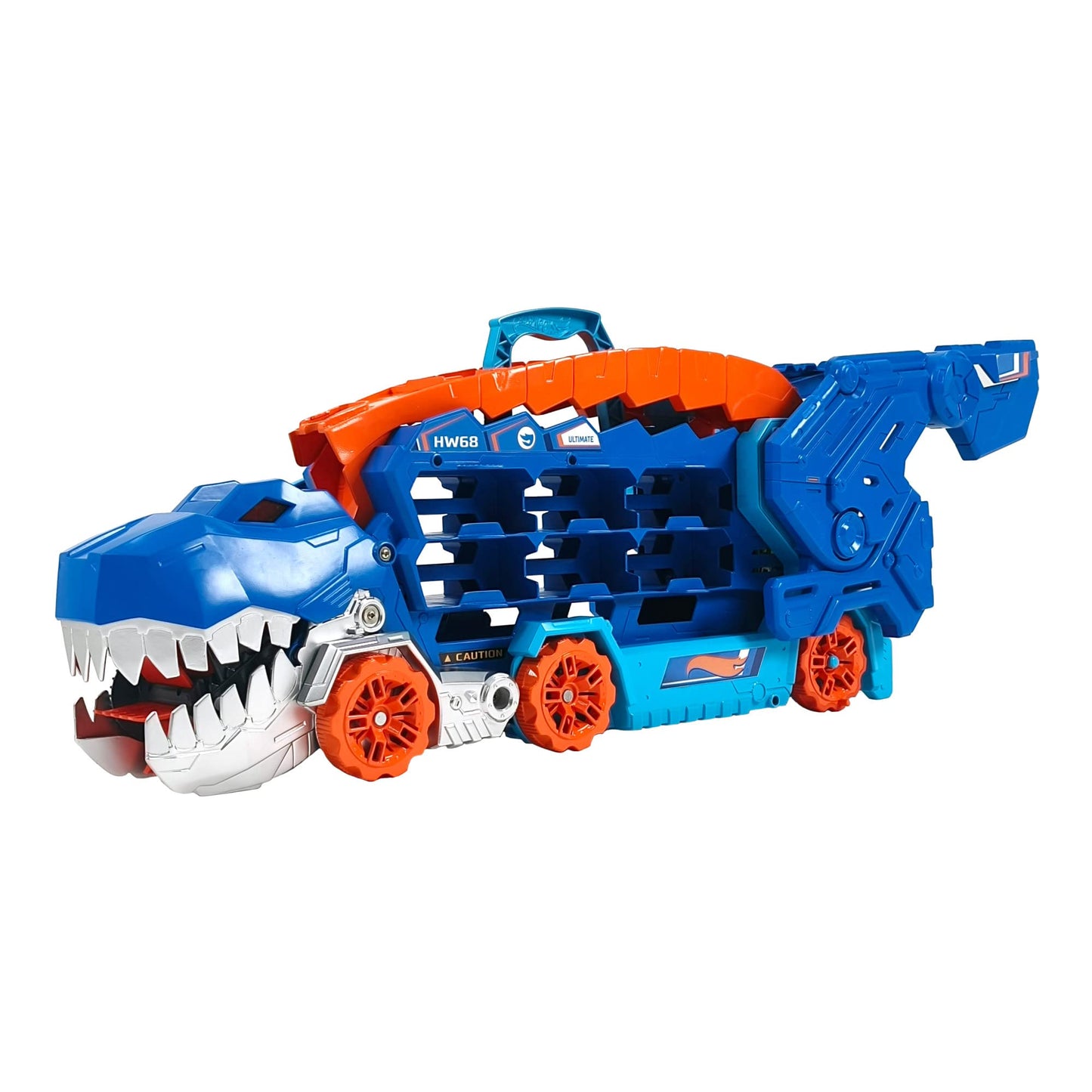 Hot Wheels City Toy Car Track Set, Ultimate T-Rex Transporter, Hauler Transforms into Stomping Dino with Race Track, From Netflix Series “Let’s Race”, HNG50