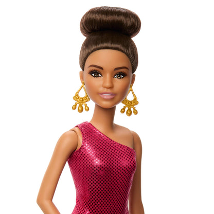 Barbie Ballroom Dancer Fashion Doll with red ruffle dress, brown styled hair, dancing shoes, and trophy accessory.