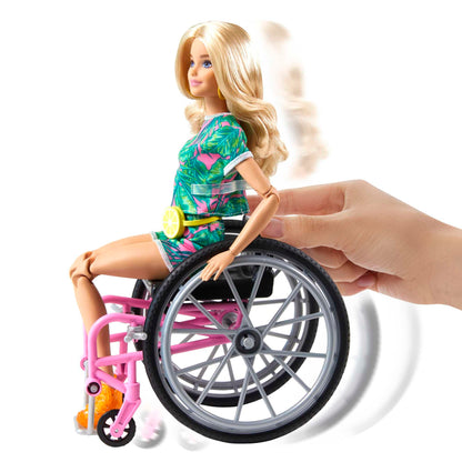 Barbie Fashionistas Doll #165 with long blonde hair, wheelchair, tropical romper, orange shoes, and lemon fanny pack for kids 3-8