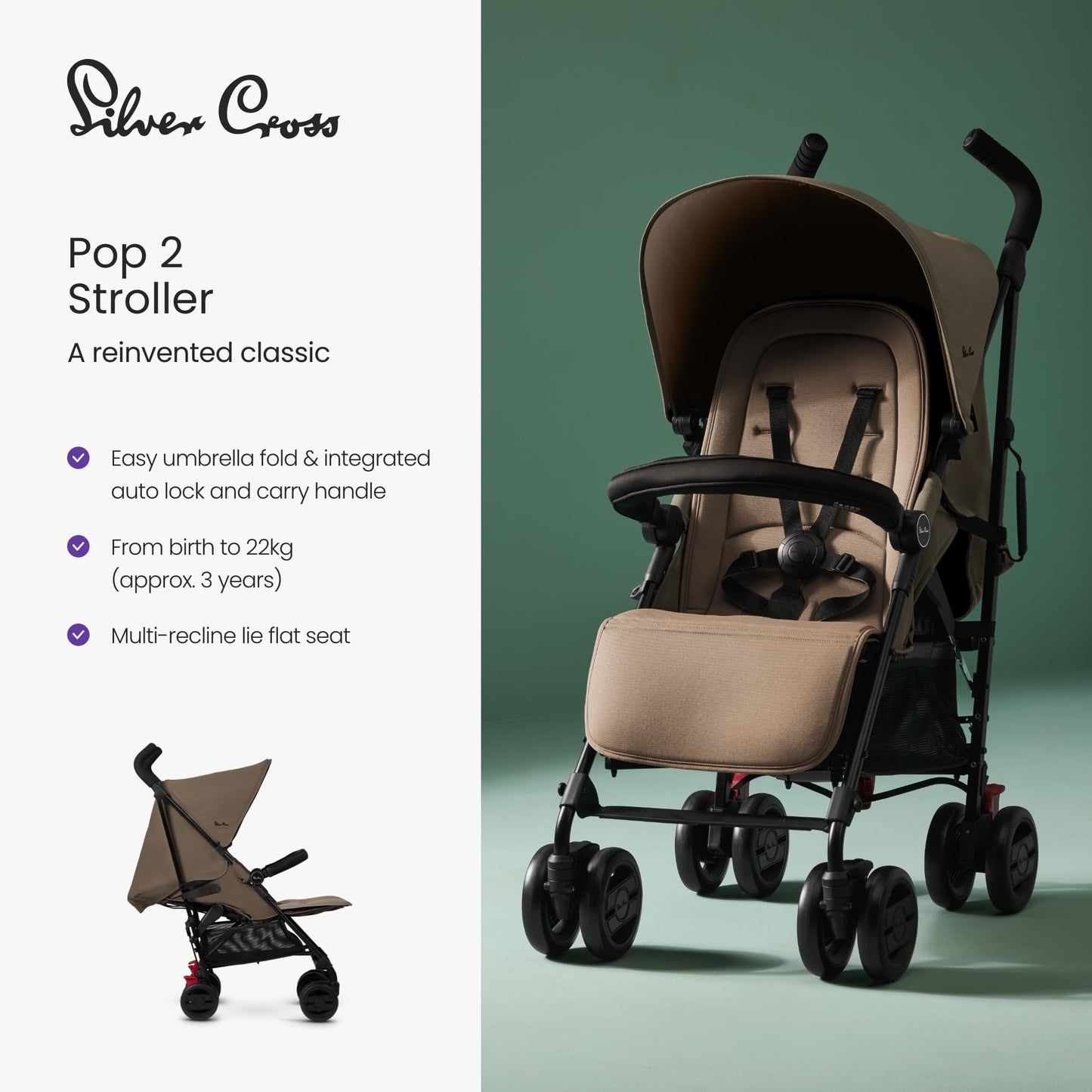 Silver Cross - Pop 2 Pushchair - Foldable Travel Stroller - Buggy - Adjustable/Lie Flat Seat - Newborn to 4 Years - Cobble