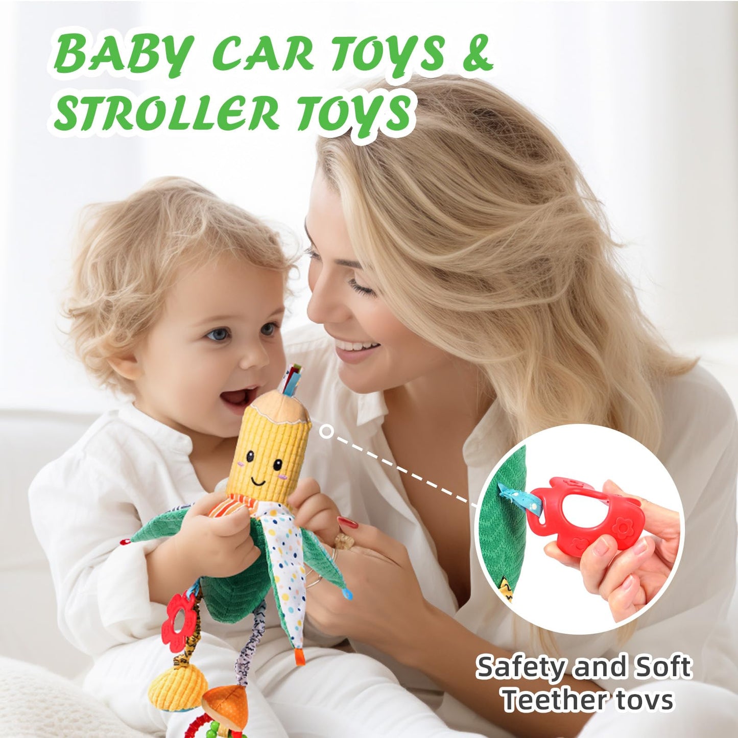 Jollybaby baby rattles hanging toys for pram and stroller, with crinkle and teether features, suitable for newborns and infants.