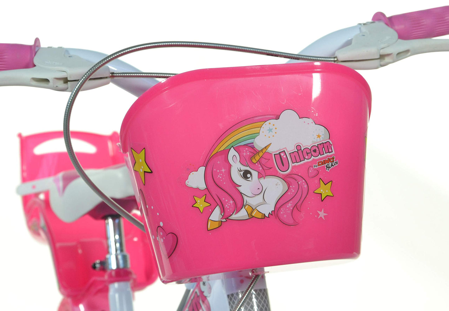 White and pink Dino Bikes unicorn kids bike with doll seat, basket, and stabilizers for girls, 16-inch size.