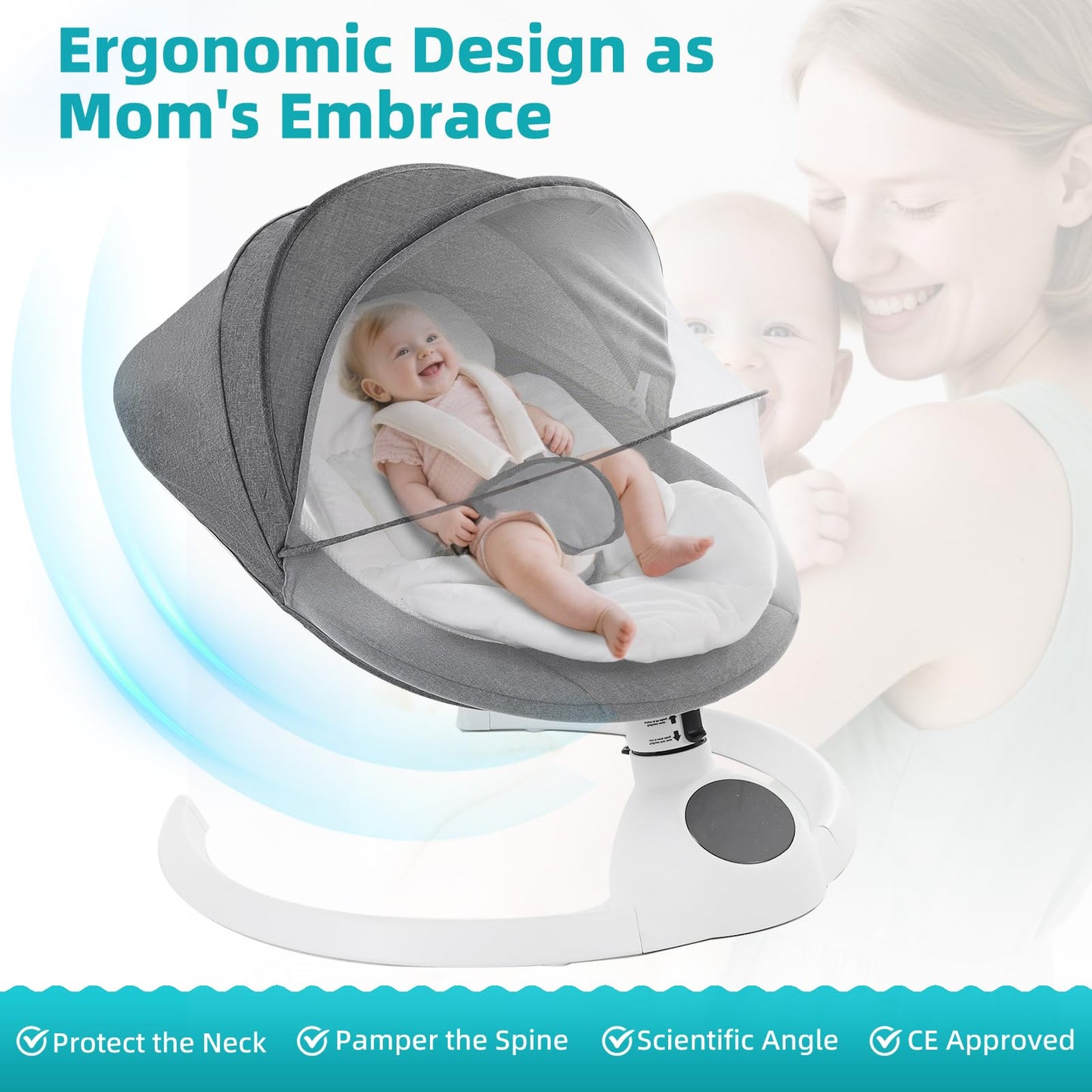 Cozydwells electric baby swing chair in grey with touch screen music speaker, Bluetooth bouncer, adjustable swing speeds, remote control