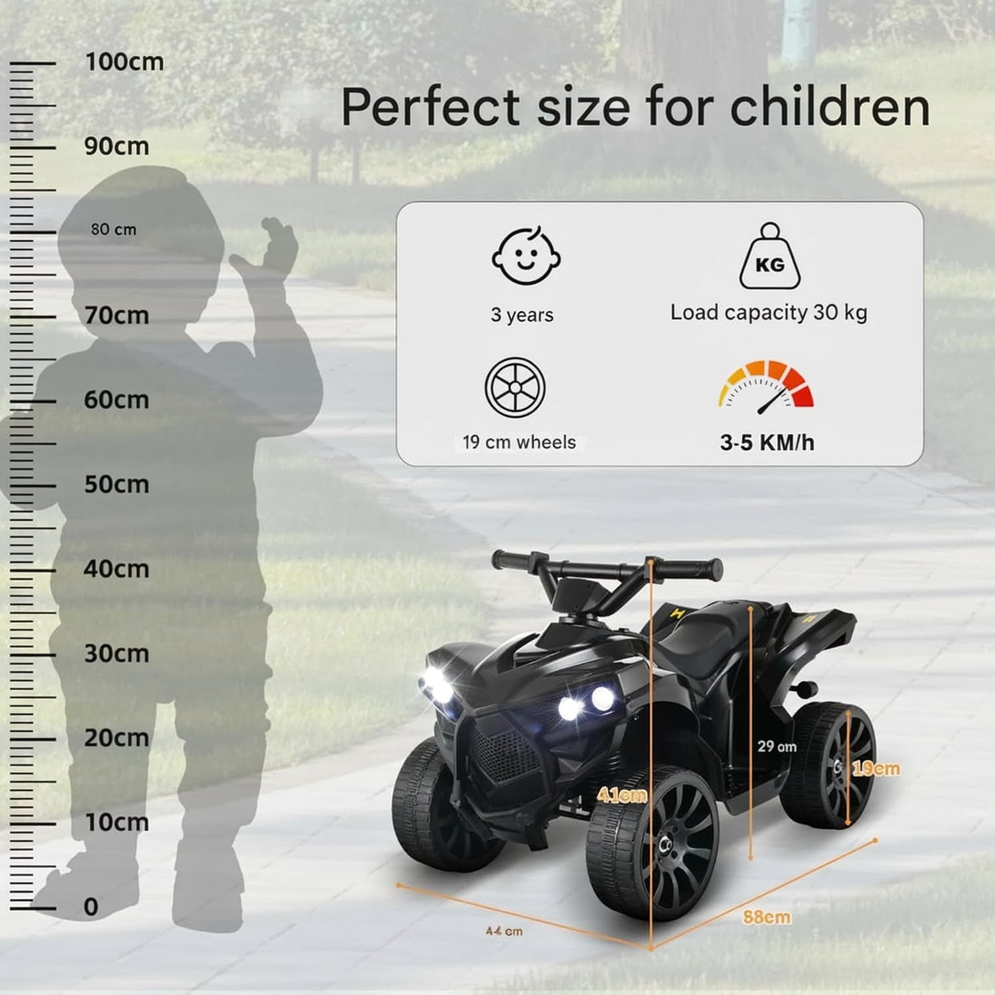 MAMIZO 6V Kids Electric Ride on Car, ATV Quad Bike with MP3 Music Player, Trumpet and LED Lights, USB Charging, Children Vehicle Quad Electric Car 3-5 km/h, for 3 Years Old Boys Girls, Black