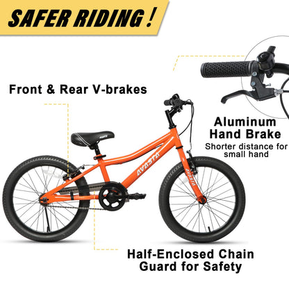 AVASTA 20-inch kids' orange bike with dual handbrakes, adjustable seat, kickstand, suitable for boys and girls aged 6-10.