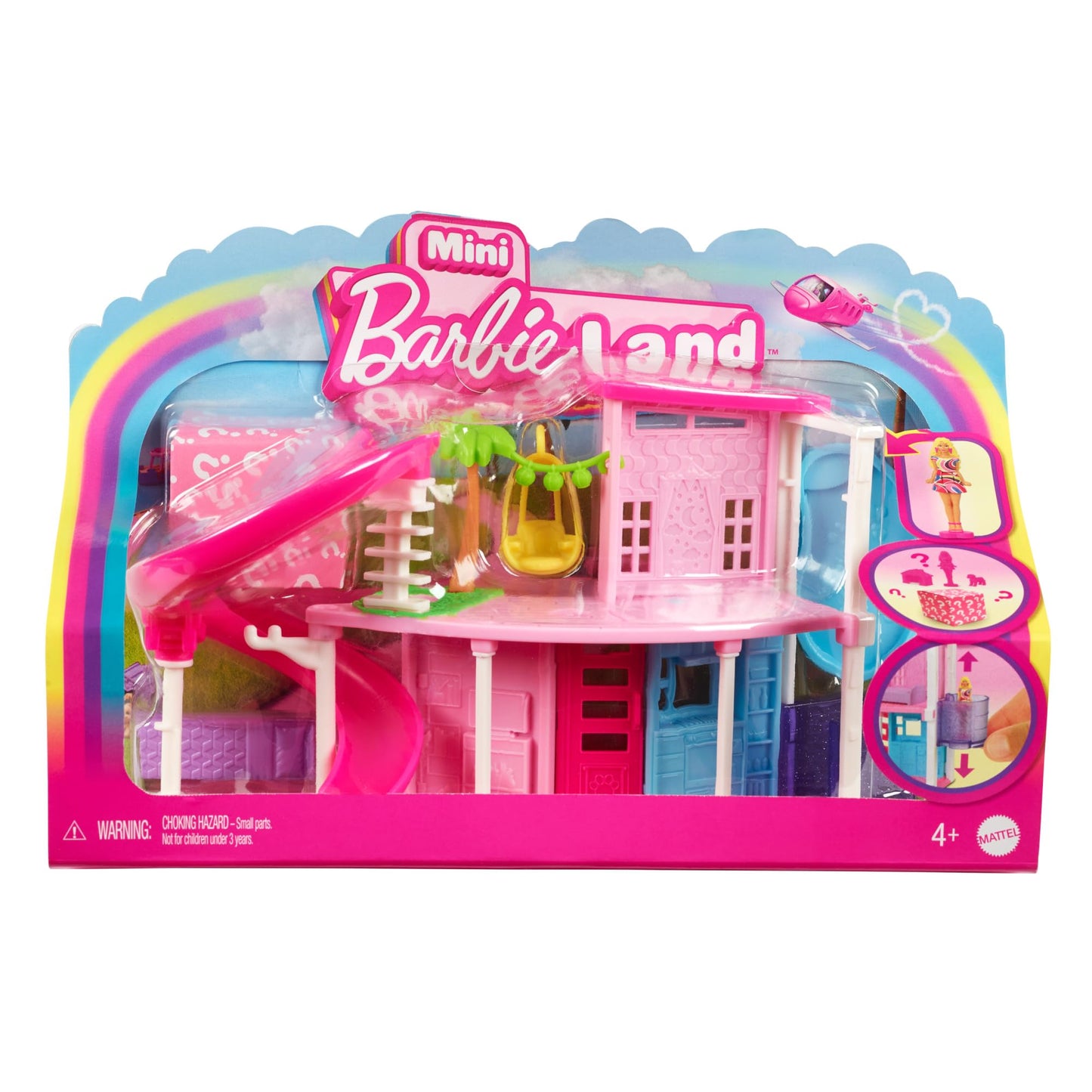 Mini Barbie Dreamhouse set with furniture, elevator, pool, and a 1.5-inch Barbie doll, designed for children ages 4 and up.
