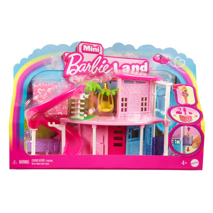 Mini Barbie Dreamhouse set with furniture, elevator, pool, and a 1.5-inch Barbie doll, designed for children ages 4 and up.