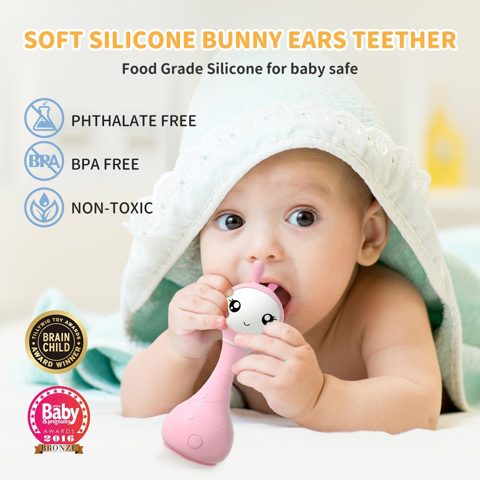 Pink Alilo Smarty Bunny baby rattle with musical lights, sensory toys for infants, featuring 4 music modes and color recognition.