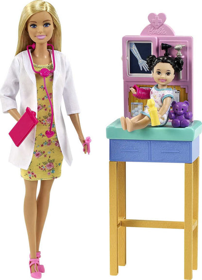 Barbie Pediatrician playset with blonde doll, exam table, stethoscope, X-ray, clipboard, patient doll, teddy bear for ages 3+.