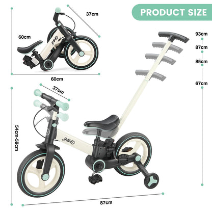 JMMD 6-in-1 Toddler Bike with Training Wheels and Pedals, 12 inch Convertible and Foldable Balance Bike & Pedal Bike with Adjustable Parent Handle, Kickstand, Brakes for kids, Age 18 Months-5 Years