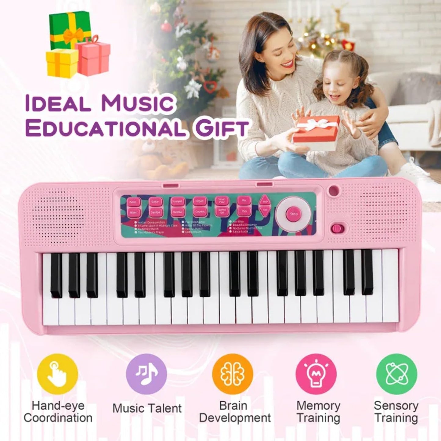 DIOXSTAR Kids Piano with pink 37-key keyboard, adjustable microphone, compact design, and matching stool for imaginative musical play.
