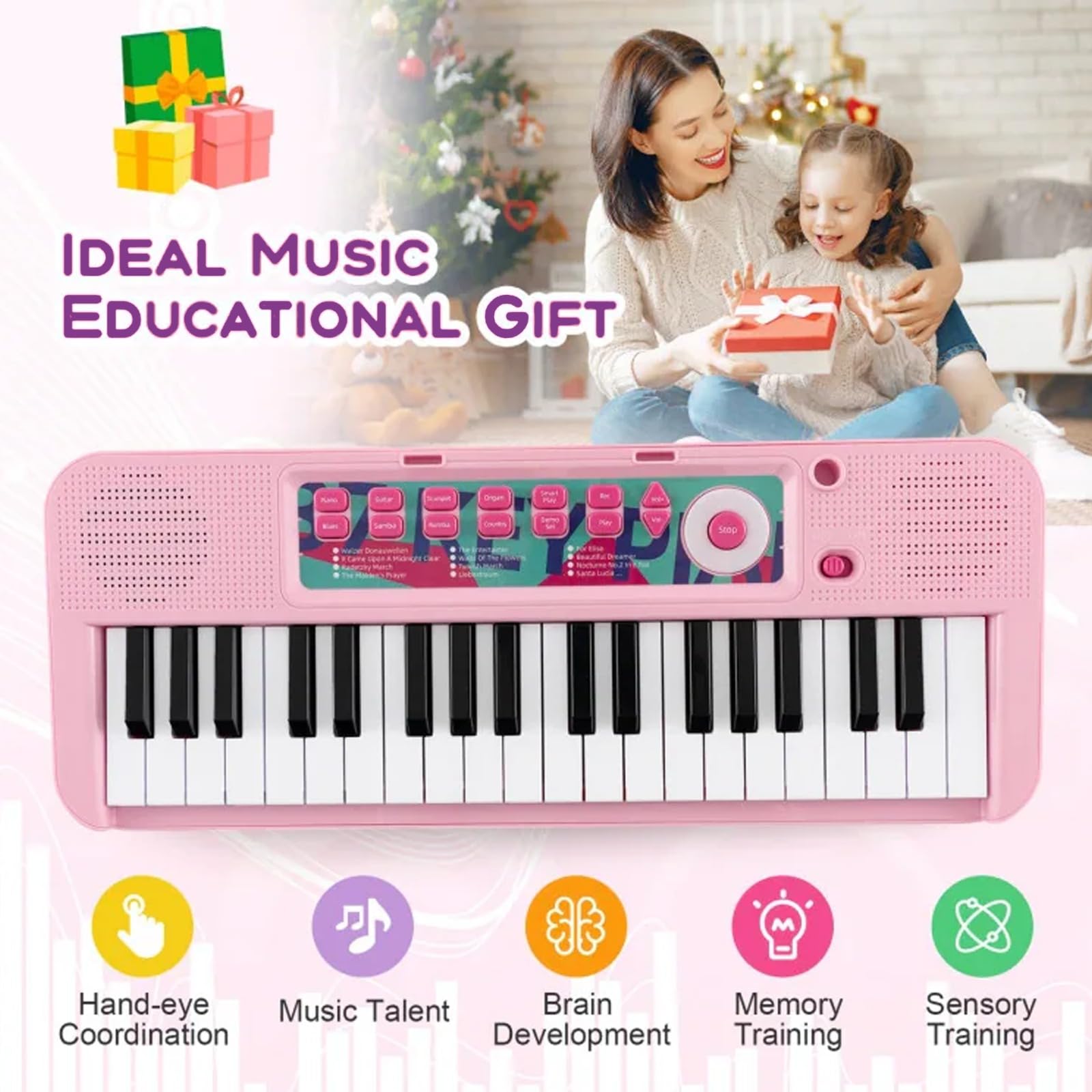 DIOXSTAR Kids Piano with pink 37-key keyboard, adjustable microphone, compact design, and matching stool for imaginative musical play.