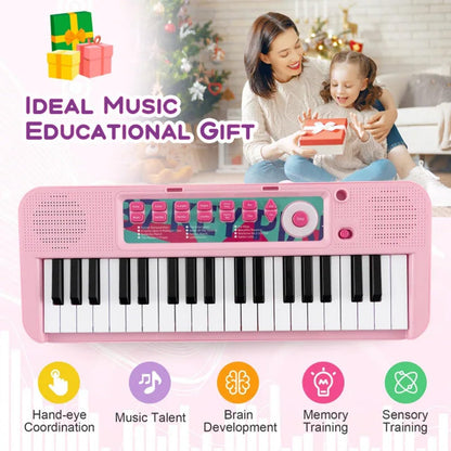 DIOXSTAR Kids Piano with pink 37-key keyboard, adjustable microphone, compact design, and matching stool for imaginative musical play.