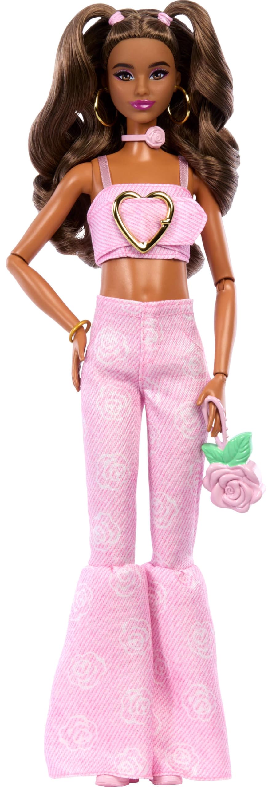 Barbie Deluxe Style Doll #12 in pink denim crop top and rose print flare jeans, with wavy brown hair and accessories.