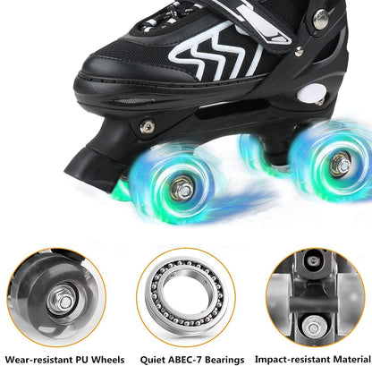 Kids SZHZS roller skates for boys and girls with light-up wheels, adjustable size, black and white design for children ages 4-12.