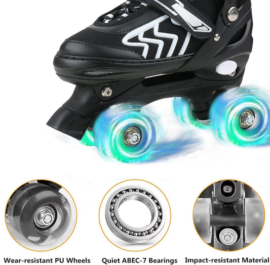 Kids SZHZS roller skates for boys and girls with light-up wheels, adjustable size, black and white design for children ages 4-12.