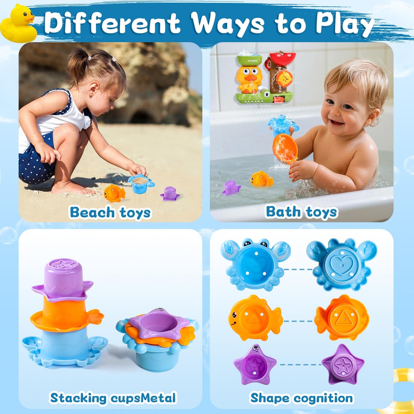 Fajiabao bath toys featuring a spoon and three stackable animal cups for toddlers' water play and bath time fun.