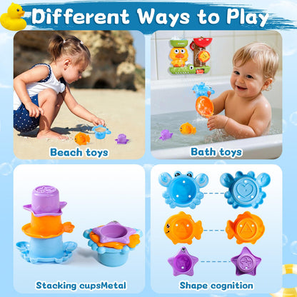 Fajiabao bath toys featuring a spoon and three stackable animal cups for toddlers' water play and bath time fun.