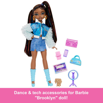 Barbie Dream Besties Playset featuring Brooklyn doll with long black hair and 9 music-themed accessories.