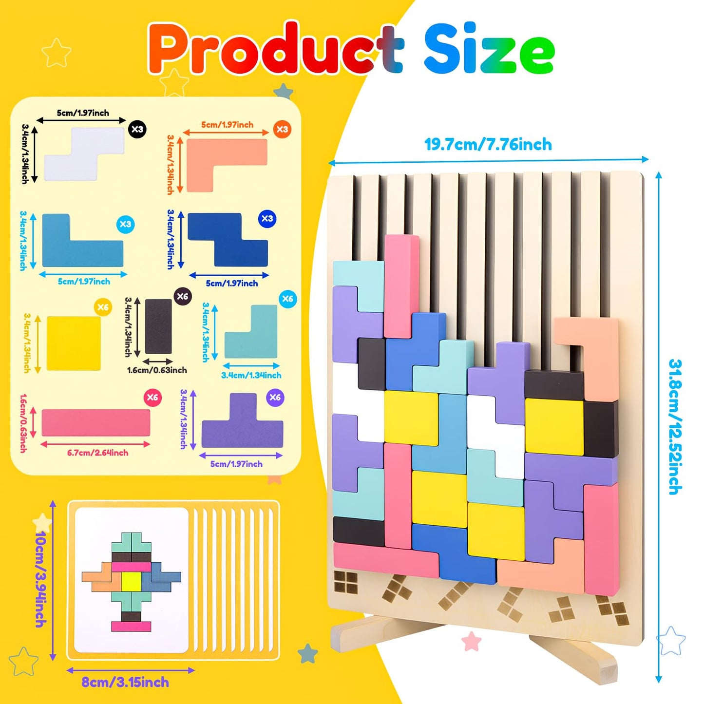 Bukbas Wooden Stacking Puzzle Toy, Wooden Blocks Tangram Jigsaw Puzzle Toys for Kids Boys Girls, Intelligence Colorful 3D Blocks with 10 Cards Building Games, Stress Relief Toys Gifts
