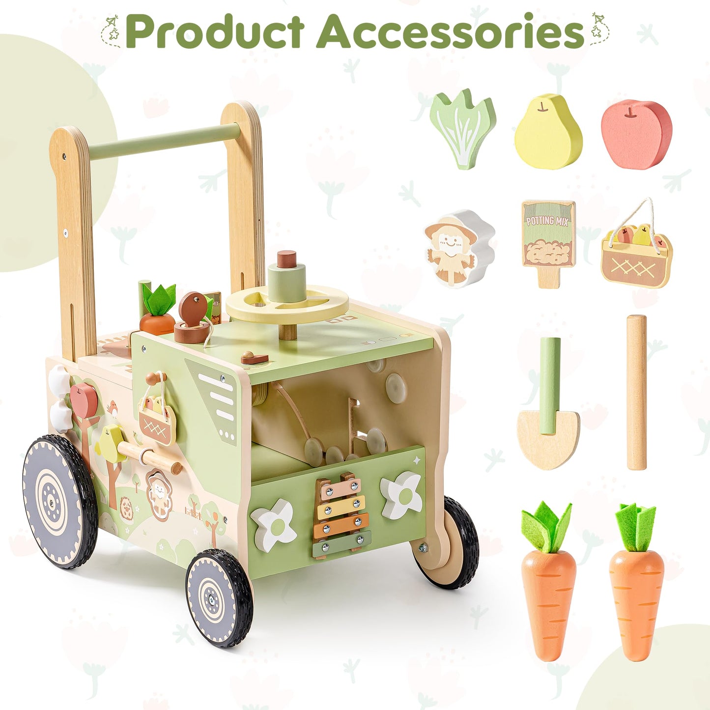 ROBUD farm-themed wooden baby walker with wheels, adjustable height and speed, perfect for toddlers learning to walk.