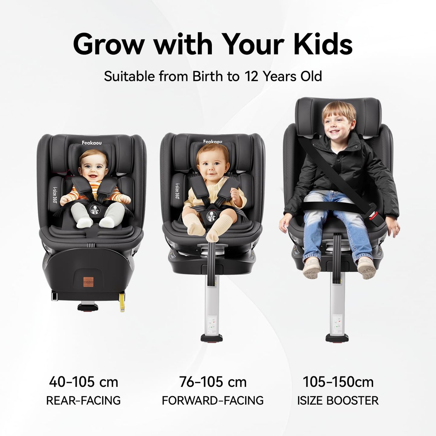 Feakaou 360 Car Seat with ISOFIX - for Newborn to 12 Years Children, i-Size (ECE R129/E4) Rotating Swivel Baby Car Seat,Group 0+1/2/3 (40-150cm),Rear Facing for Longer from Birth to 4 Years.Black.