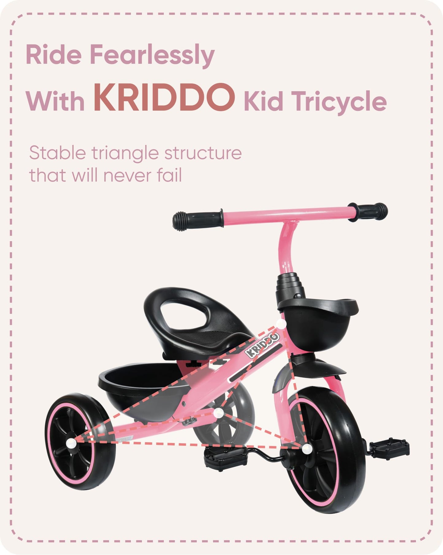 KRIDDO Kids Tricycles Age 24 Month to 5 Years, Toddler Kids Trike for 2.5 to 5 Year Old, Gift Toddler Tricycles for 2-4 Year Olds, Trikes for Toddlers, Pink