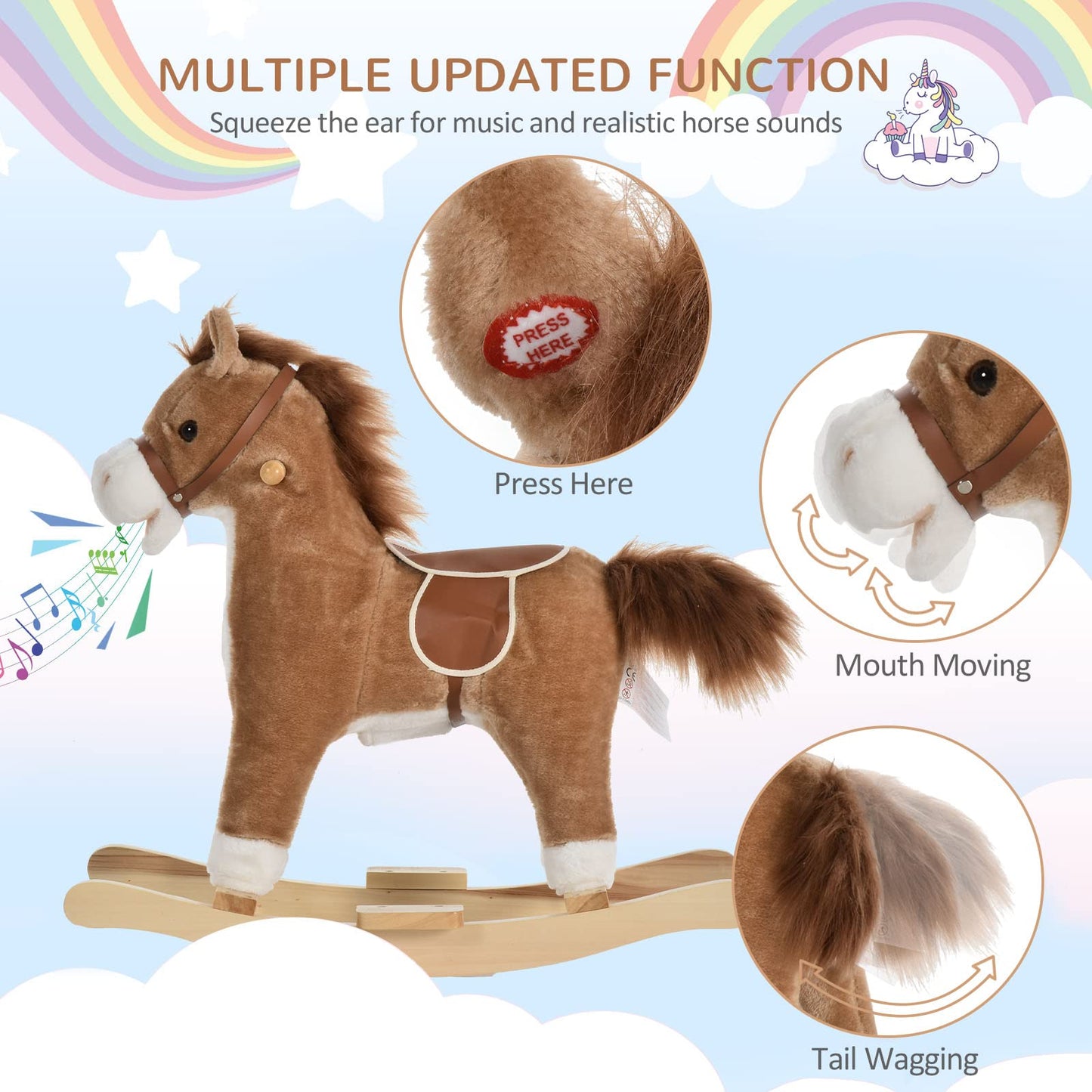 HOMCOM Kids Plush Rocking Horse w/Sound Moving Mouth Wagging Tail Children Rocker Ride On Toy Gift 3-6 Years Brown