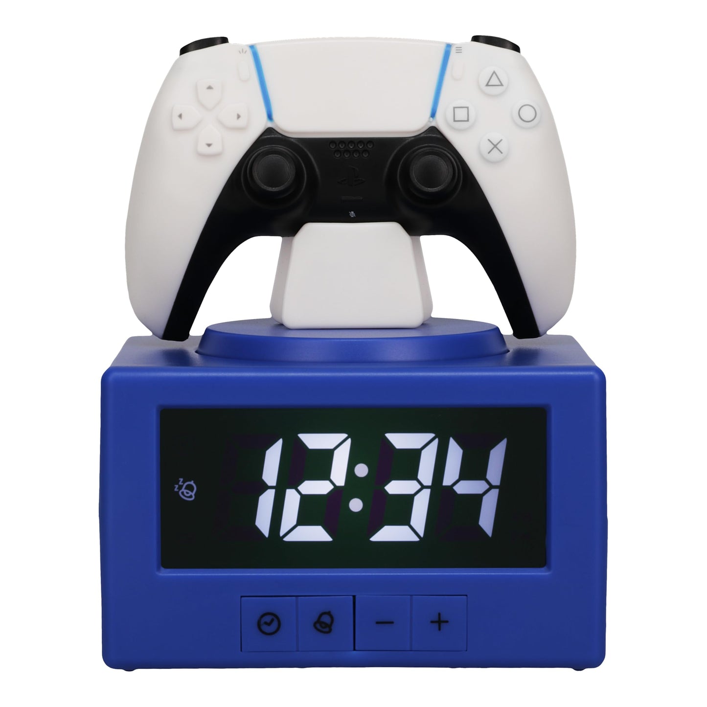 Paladone PlayStation DualSense controller digital alarm clock with night light, designed for gaming fans and bedroom decor.
