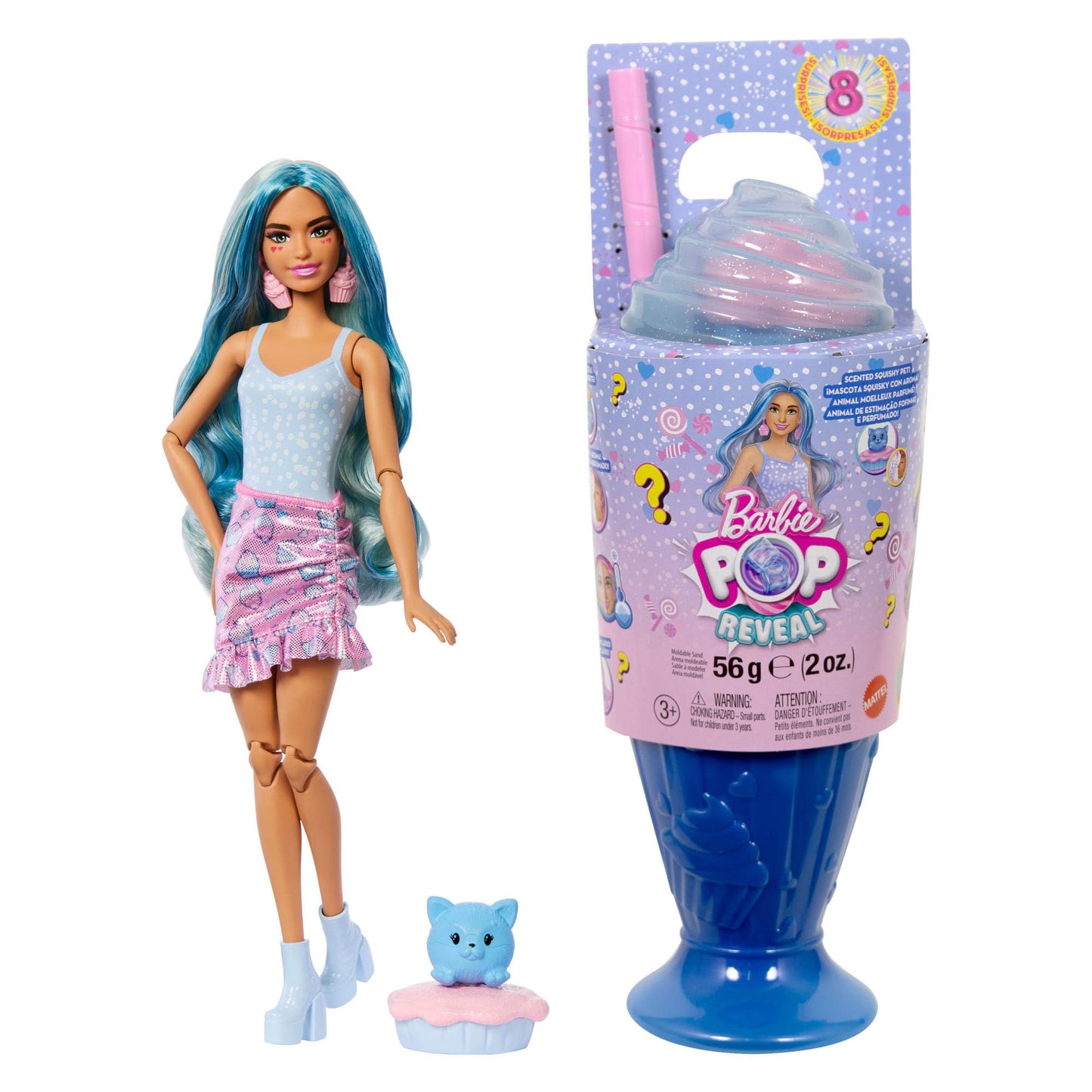 Barbie Pop Reveal Treat Series doll set with cupcake theme, accessories, and pet, featuring 8 surprises and color change.