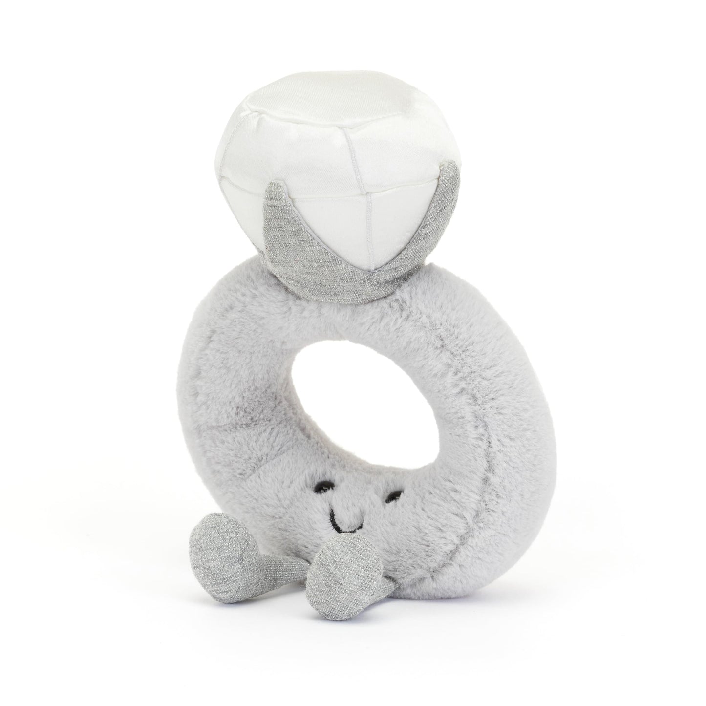 Jellycat Amuseable Diamond Ring plush toy, 20 cm tall, 12 cm wide, featuring a smiling face and colorful design.