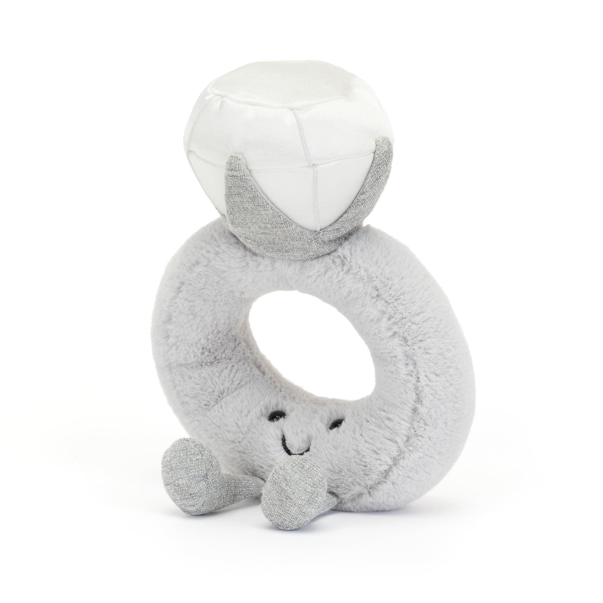 Jellycat Amuseable Diamond Ring plush toy, 20 cm tall, 12 cm wide, featuring a smiling face and colorful design.